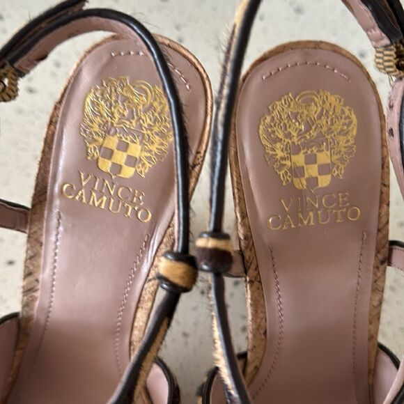 Vince Camuto VC-Deville Tan/Brown Leather Zebra Print Cork Platform Sandals Sz 9 - Picture 10 of 12